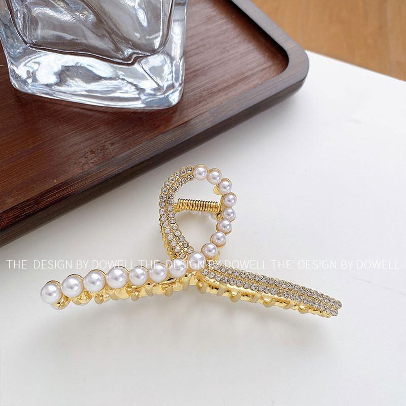 Stunning Geometric Design Pearl And Rhinestone Hair Claw For Fashionable Women Pearl Cross11.5cm