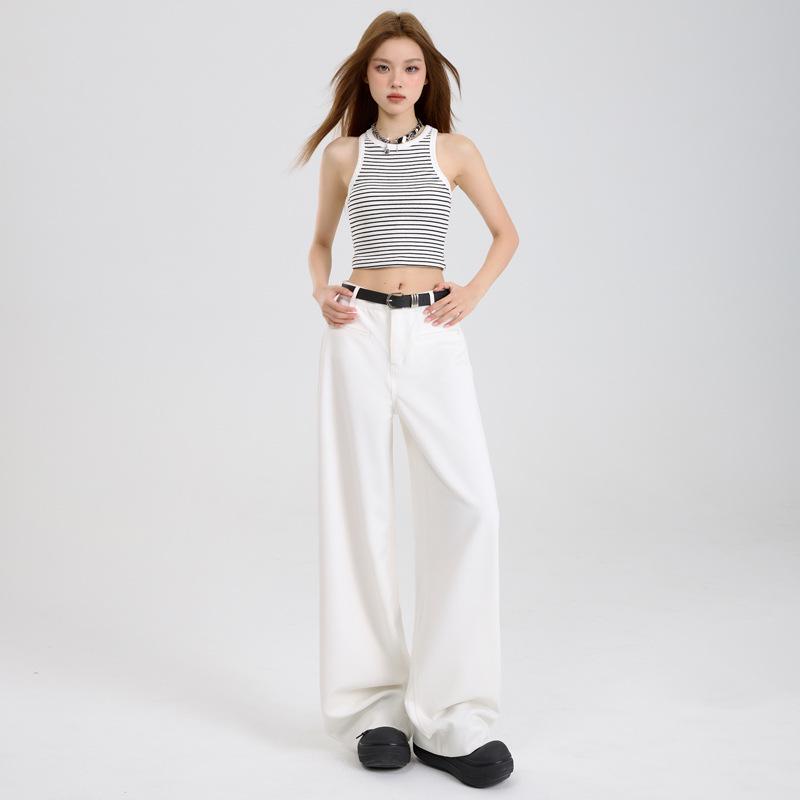 Women's Autumn 2025 Casual White Wide-Leg Pants: High-Waist, Loose, Slimming, Drapey, Floor-Length