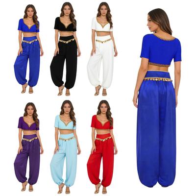 Traje de Dança Folclórica Feminino P-XXG: Conjunto de 2 Peças: Top Cropped Decote V com Acabamento Dourado e Calça Longa com Franjas de Lantejoulas para Dança do Ventre Indiana