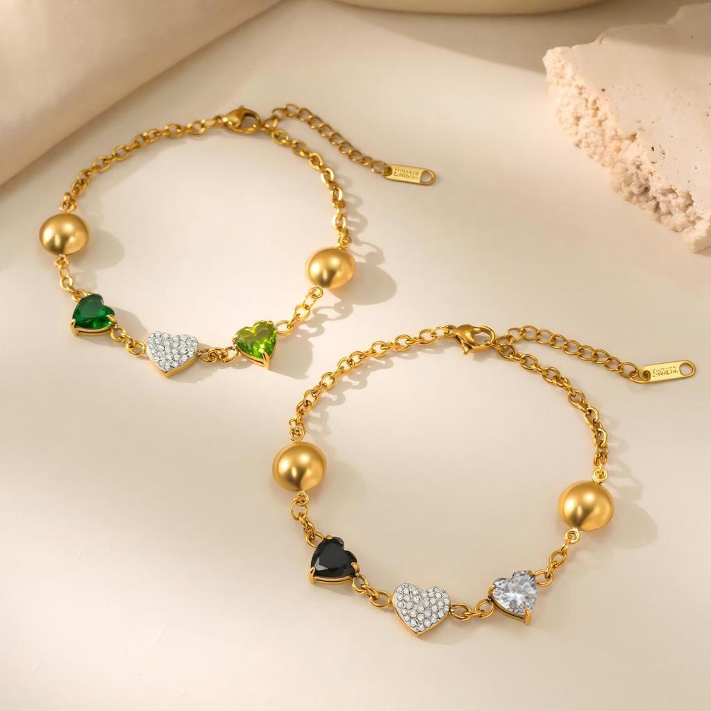 Luxe Hartvormig Glazen Steen Armband in 18K Verguld Titanium Staal