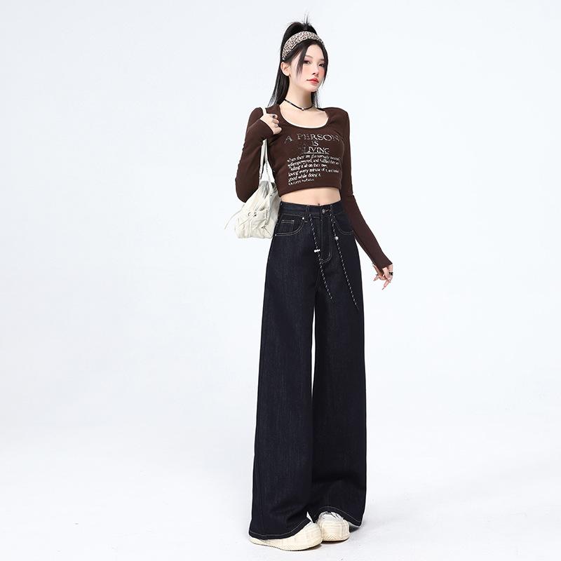Denim blue wide-leg jeans women's new high-waisted loose and versatile drape straight mopping long pants