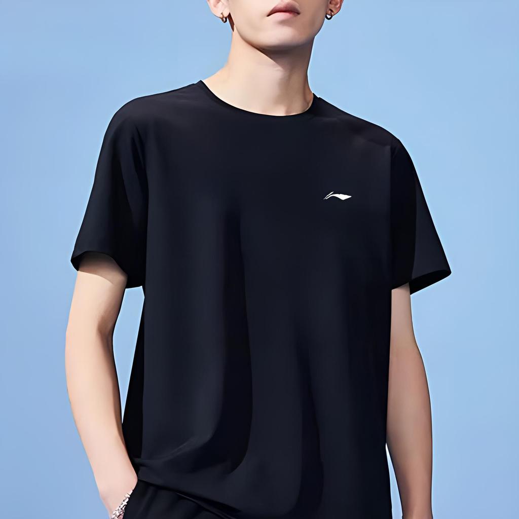 Li Ning Quick-Dry Breathable Round Neck Solid Color T-Shirt Men Tops Black ATSS797-1