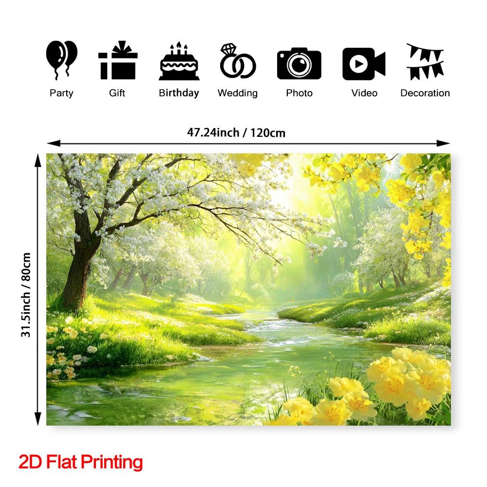 One Spring Flower and River View Photography Backdrop Fabric Made of Polyester Suitable for Room Decoration and Garden Use.
