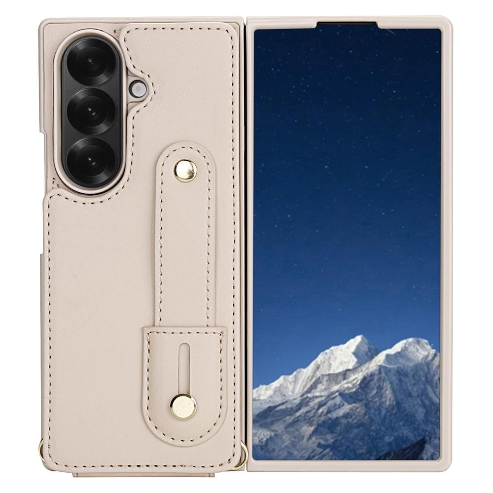 For Samsung Galaxy Z Fold7 5G Case Kickstand Card Slots Leather Coated TPU Cover with Shoulder Strap