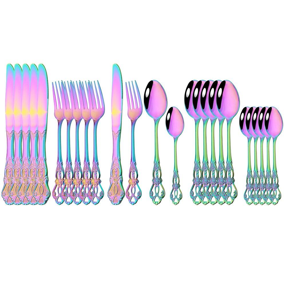 24ks/6set Royal Dinnerware Sada z nerezové oceli Vintage Lžíce Vidličky Nože Domácí kuchyně Západní večeře Stříbrné nádobí Dárek