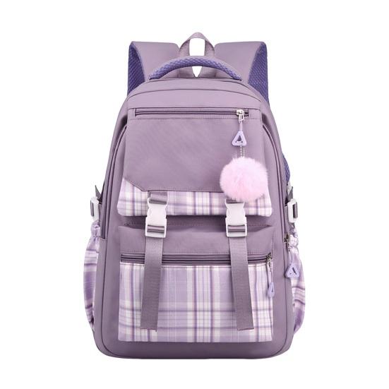Studentský batoh s plyšovým přívěskem s kuličkou, více přihrádkami, velká kapacita, kostkovaný potisk, voděodolný, školní