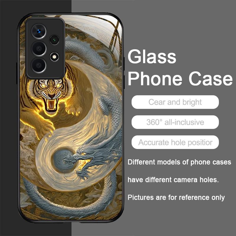 Shiny Golden Dragon and Tiger Pattern Tempered Glass Phone Case for Samsung Galaxy S25 Ultra S24 S23 Plus S22 S21 S20 FE Covers