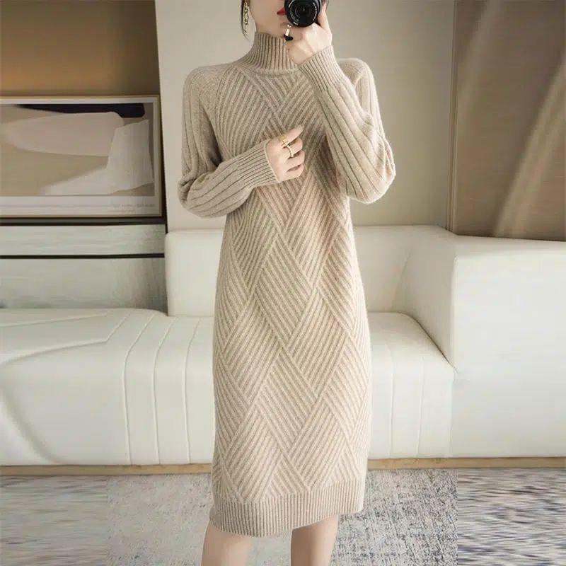 

Women s Knit Mid-Length Dress, Half-High Neck, Autumn/Winter Base Layer, 2025 Solid Colors, Ideal with Coats. L 105-115 lbs верблюд