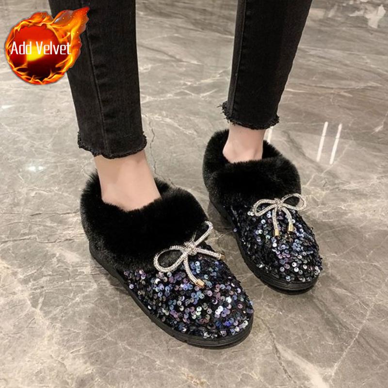 Sequins Bow Flat Snow Boots for Women Winter Round Toe Woman Shoes Padded Comfortable and Elegant On Offer Y2k Work Furry Boot