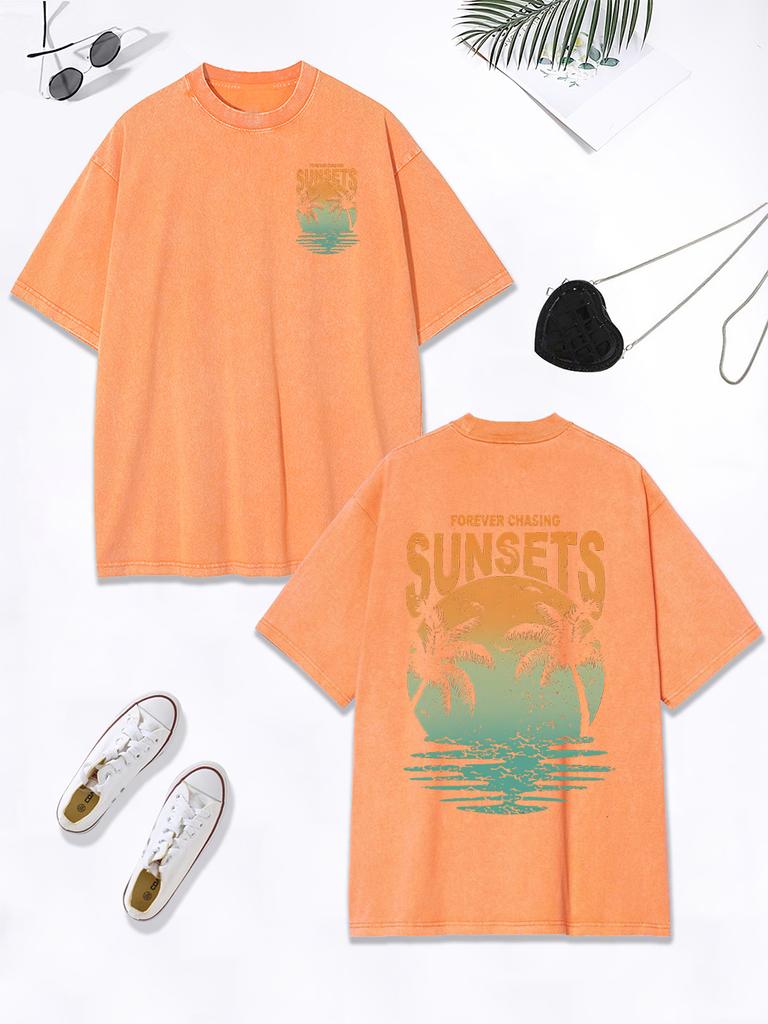 Forever Chasing Sunsets Coconut Tree Prints Washed TShirt Women Cotton Oversized Tops ONeck Distressed T Shirt Casual Clothes