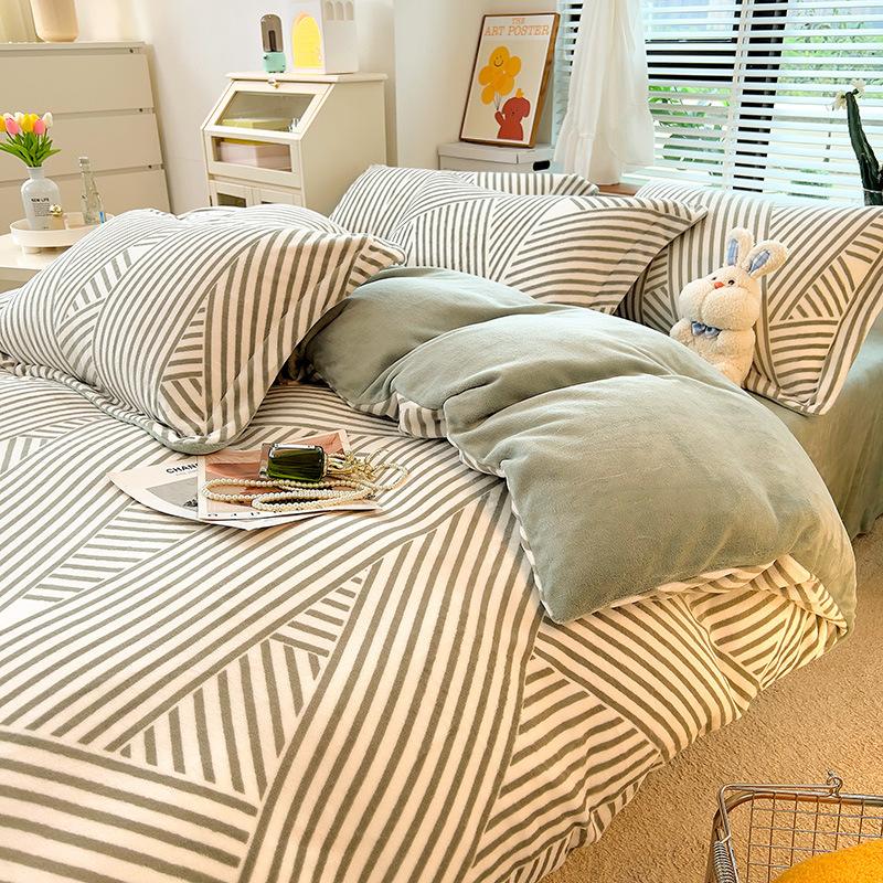 Winter Milk Velvet 4-Piece Nordic Striped Coral Velvet Quilt Cover Flannel Bed Sheet Quilt Cover