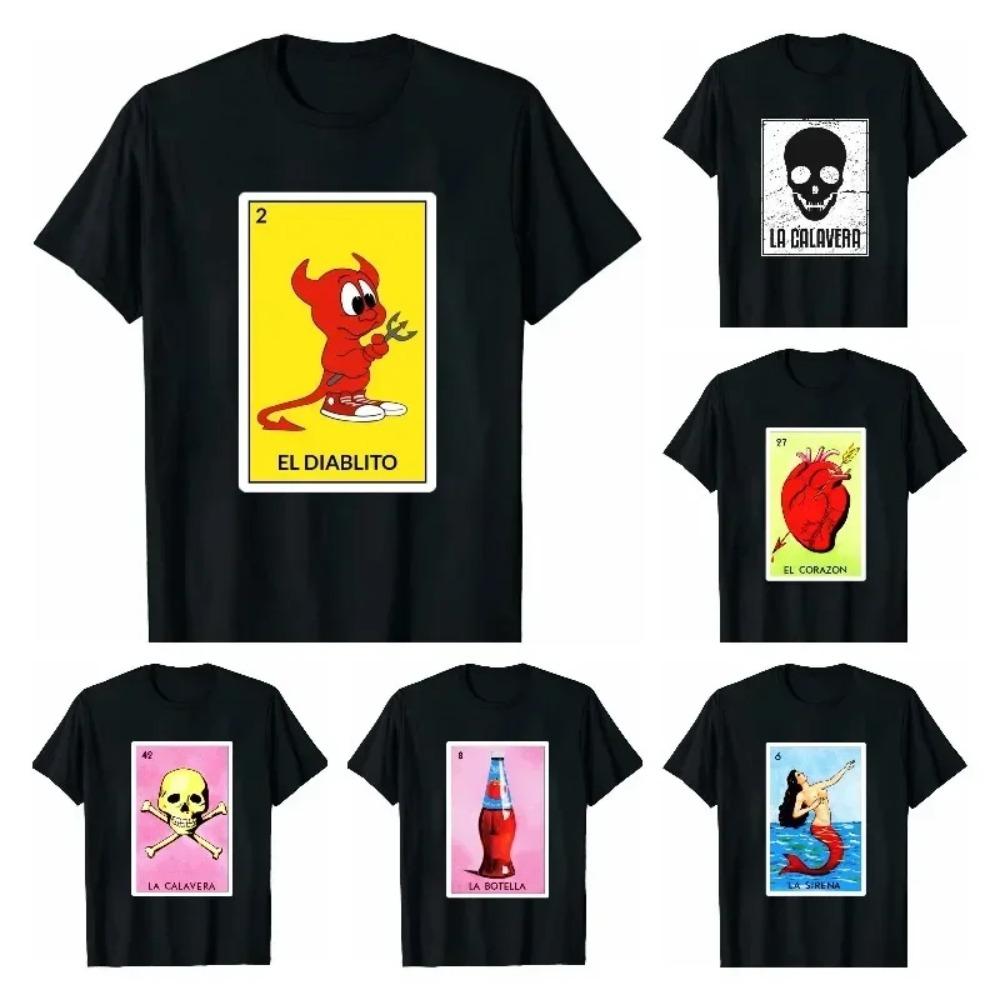 EL DIABLITO Lotteriekarte Mexikanisches Bingo Grafik-T-Shirt Neuheit Lustig Familien-T-Shirt Schwarz Übergröße Kurzarm für Männer Frauen
