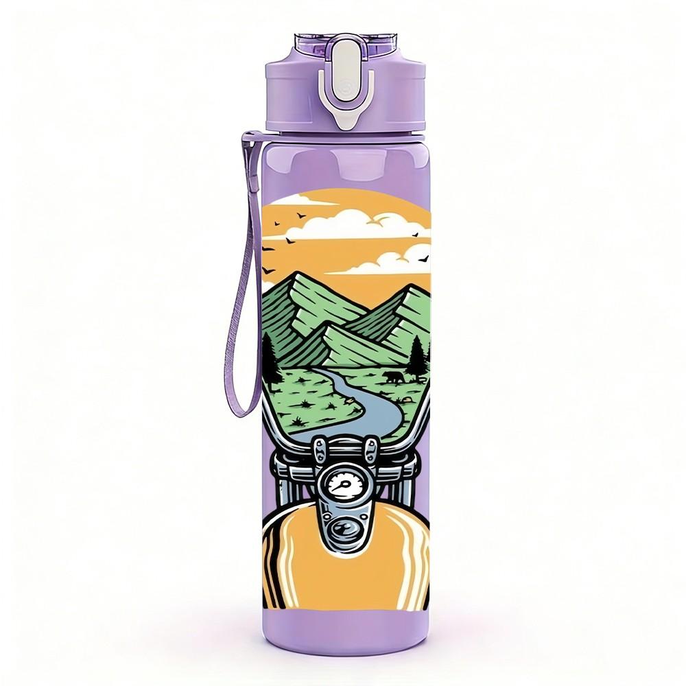 1PC Mountain Biker Rider Retro Character Print 750ml Color Plastic Sports Water Bottle Leakproof Flip Straw Lid Suitable for Sports Office Home Use