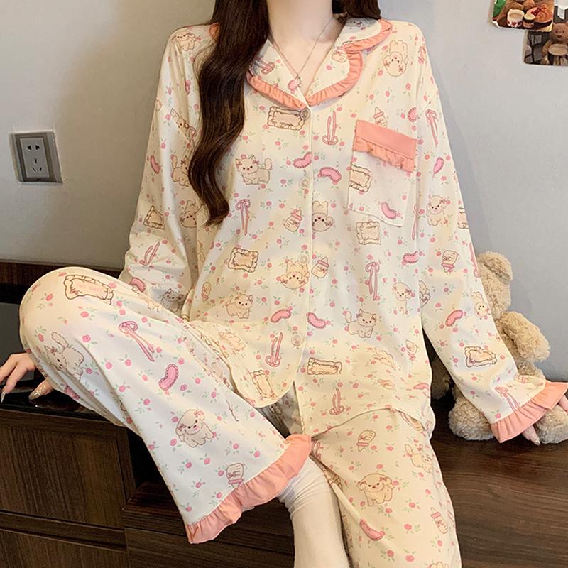 Contrasting color dachshund dog imitation cotton pajamas women's spring and autumn new sweet lace long-sleeved loose loungewear