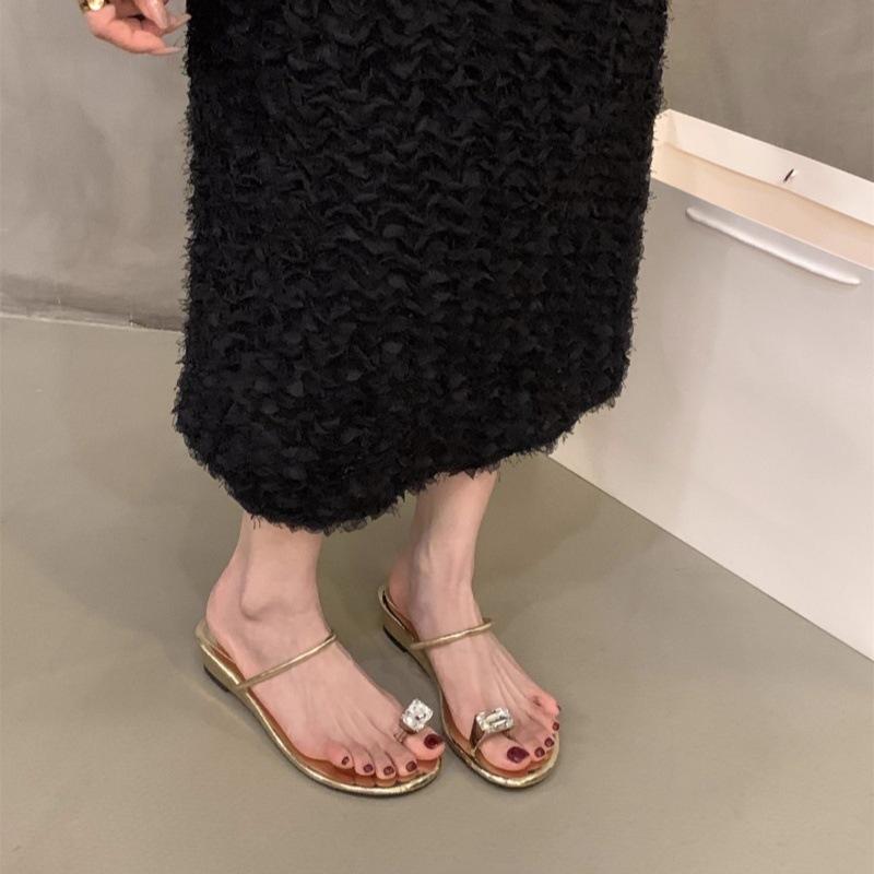 Slope Heel Rhinestone Pigeon Egg Cover Toe French Cool Slippers Women's 2025 Summer Shoes Outer Wear Temperament with Skirt Sandals