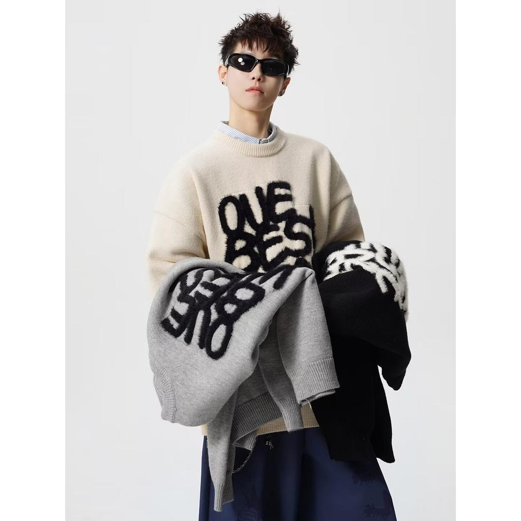 American letter jacquard crew neck sweater men's winter new heavy lazy style knitted sweater high street casual top