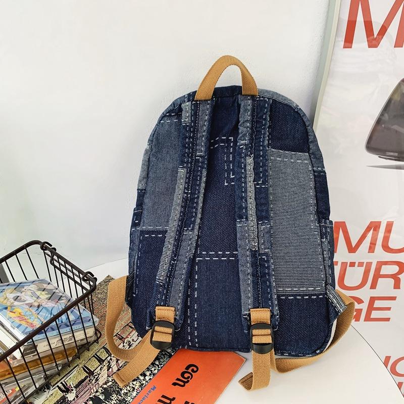 Korean version lazy wind denim schoolbag college style middle school student backpack washed retro splicing denim backpack