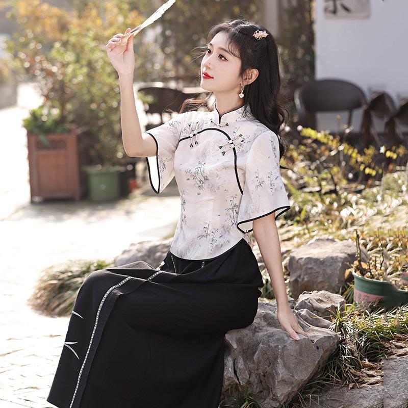 Chinese Style New Chinese Style Daily Improvement Cheongsam Top Two-piece Suit Skirt Young Girl Retro Short Sleeve Spring and Summer