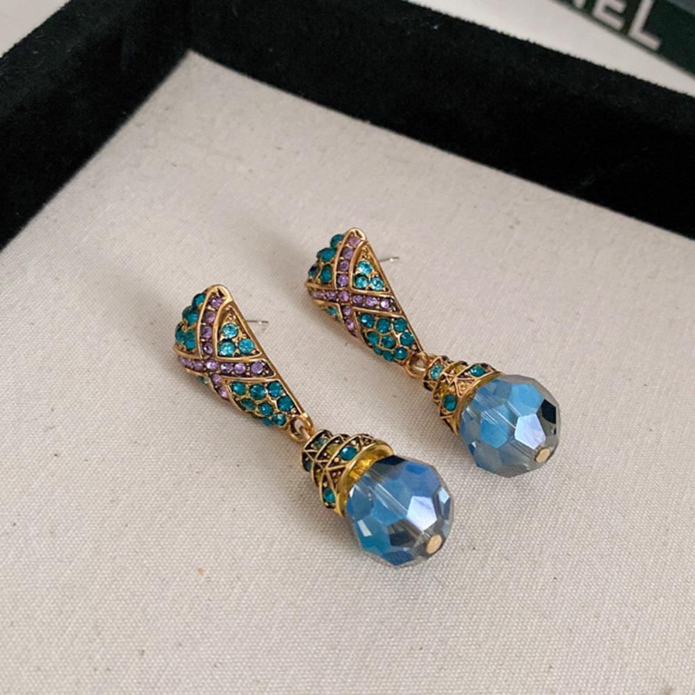 Vintage Aquamarine Ear Clip Sparkle Drop Earring Charms Blue Crystal Earring  Office Lady