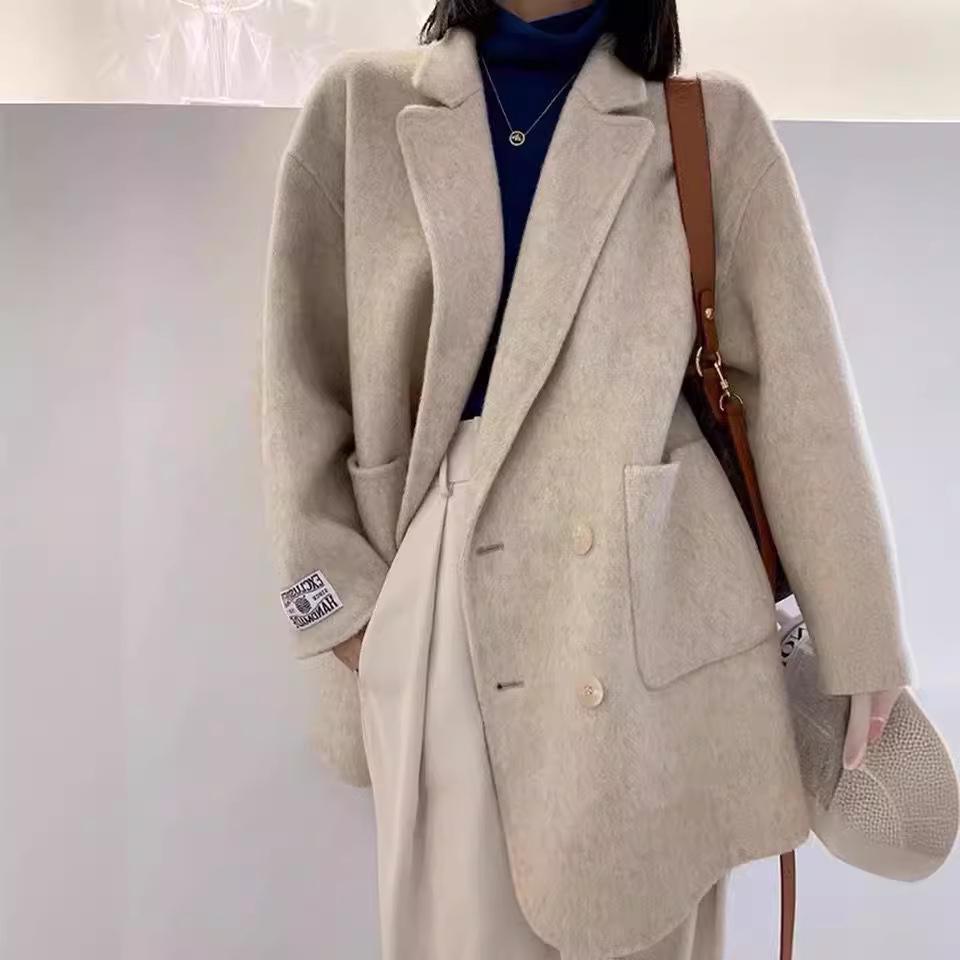 2025 Women's Grey Double-Faced Cashmere Blazer Coat - Trendy Loose Fit for Autumn and Winter