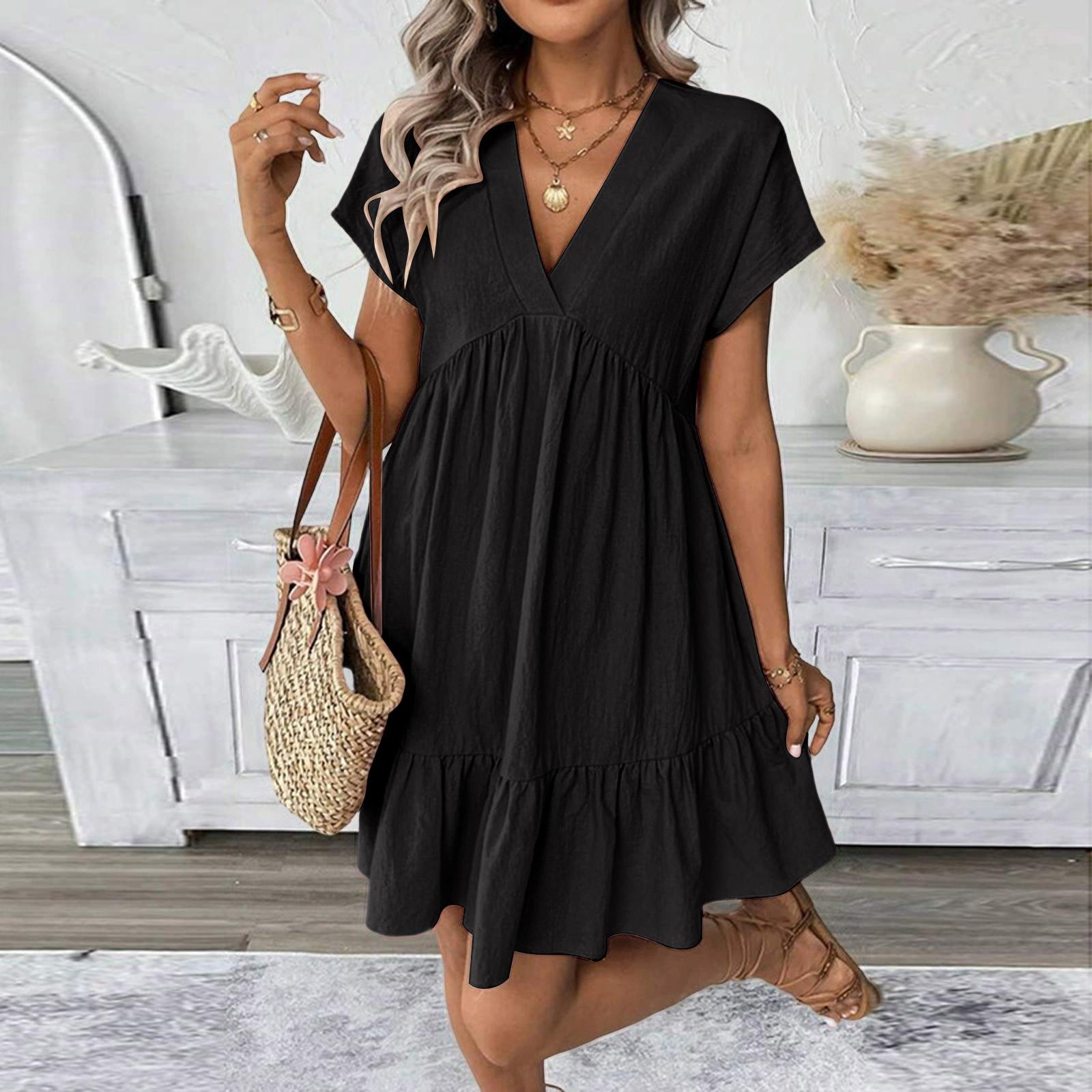 

Linen Dress For Women Short Sleeve V Neck Button Down Loose Fit Vacation Cotton Tunic XXL чёрный