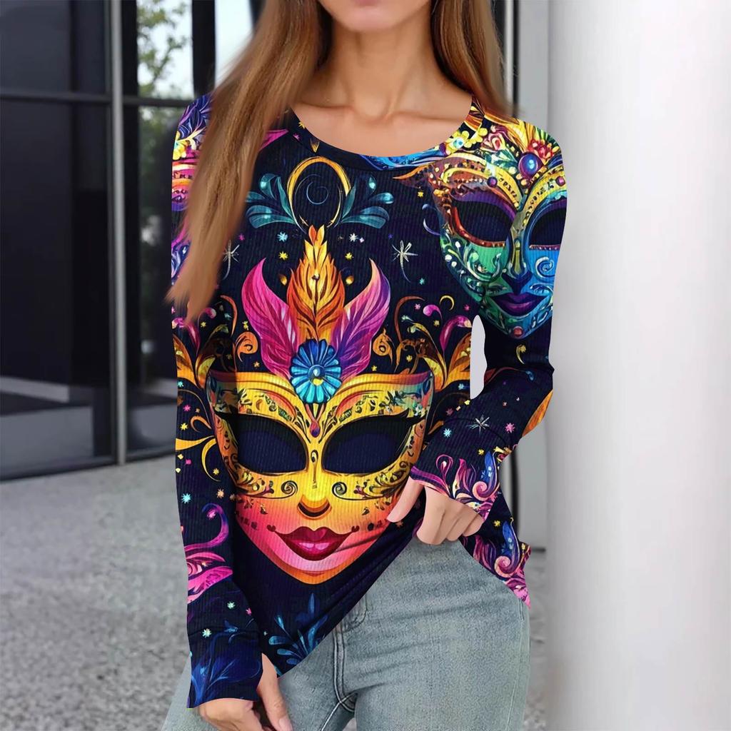 Women's Winter Slim Bottom T-shirt Fashion Casual Printing Round Neck Pullover Long Sleeve Top