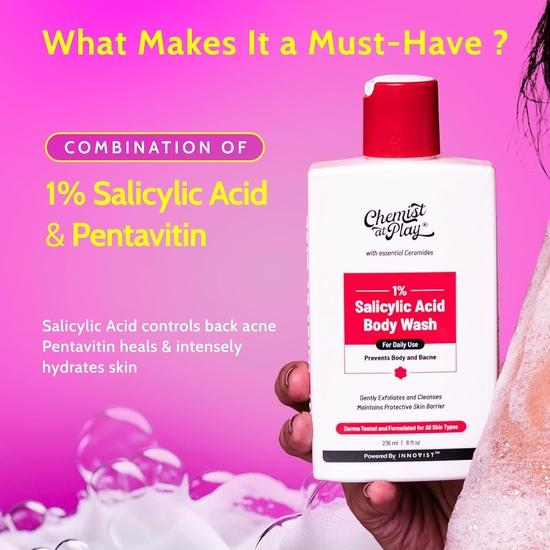 Chemist at Play 1% Acido Salicilico Bagnoschiuma 236ml | Senza Parabeni & SLS | Gel Doccia Esfoliante Delicato | Previene Acne Corporea, Pelle Irregolare