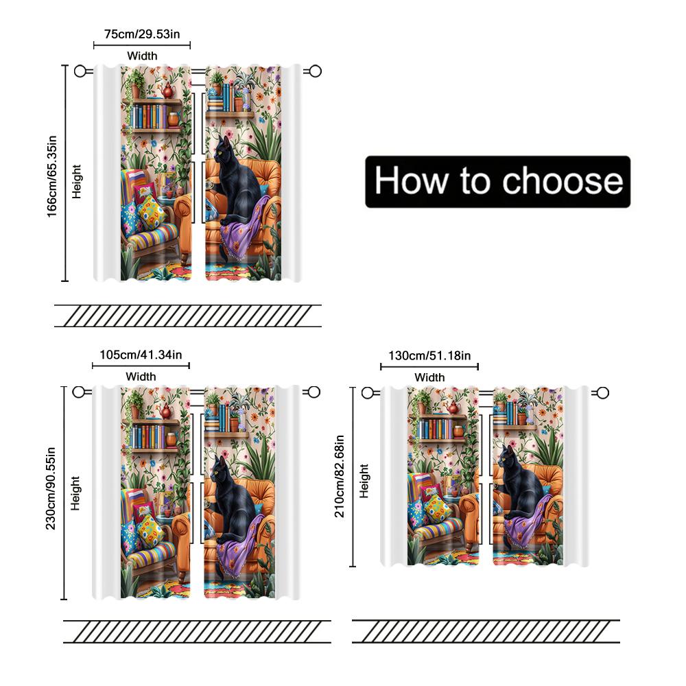 Set Of 2 Filtering Curtains Excluding Rods Non Movable Without Batteries Black Cartoon Cat Use Bedrooms Living Curtain Polyester Ideal For Bedroom