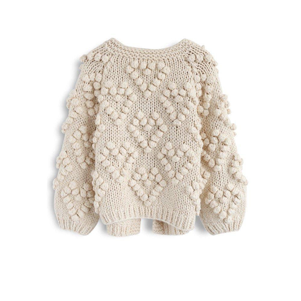 Chicwish Heart Knit Ivory Pom-Pom Cardigan,
