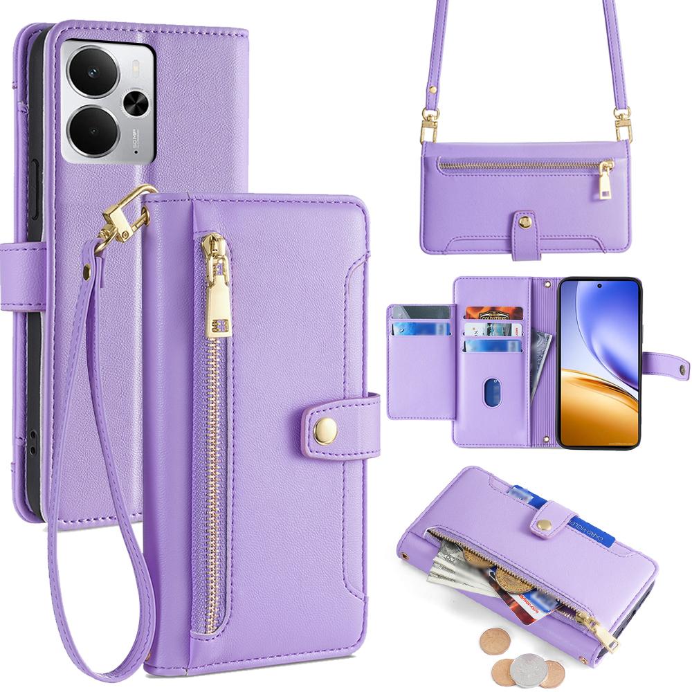 

Для Realme 14 5G Кожаный чехол Кошелек с карманом на молнии Чехол для телефона с 2 ремешками Purple