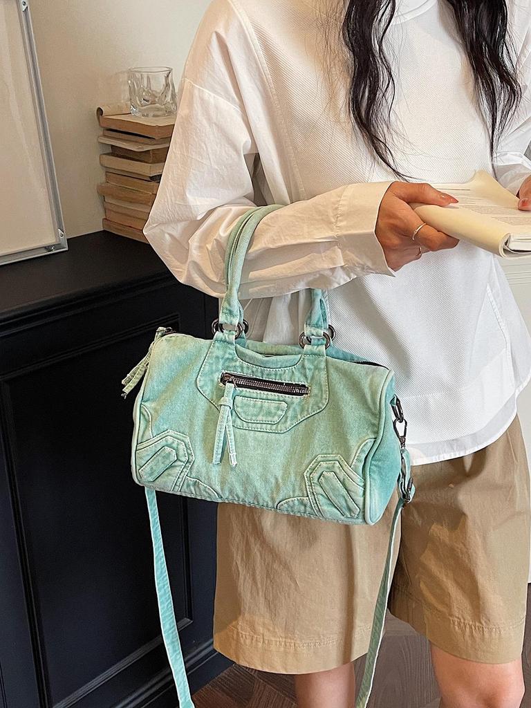 2026 Retro Denim Motorcycle Bag with Patchwork and Rivet Decoration – Crossbody, Shoulder, Handbag