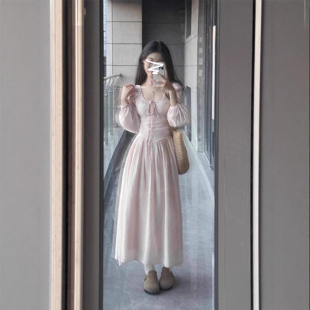 Simple and Generous, High-end Wear, Coffee Break French Pink Long-sleeved Dress, Unique and Beautiful Waist Skirt In Early Autumn