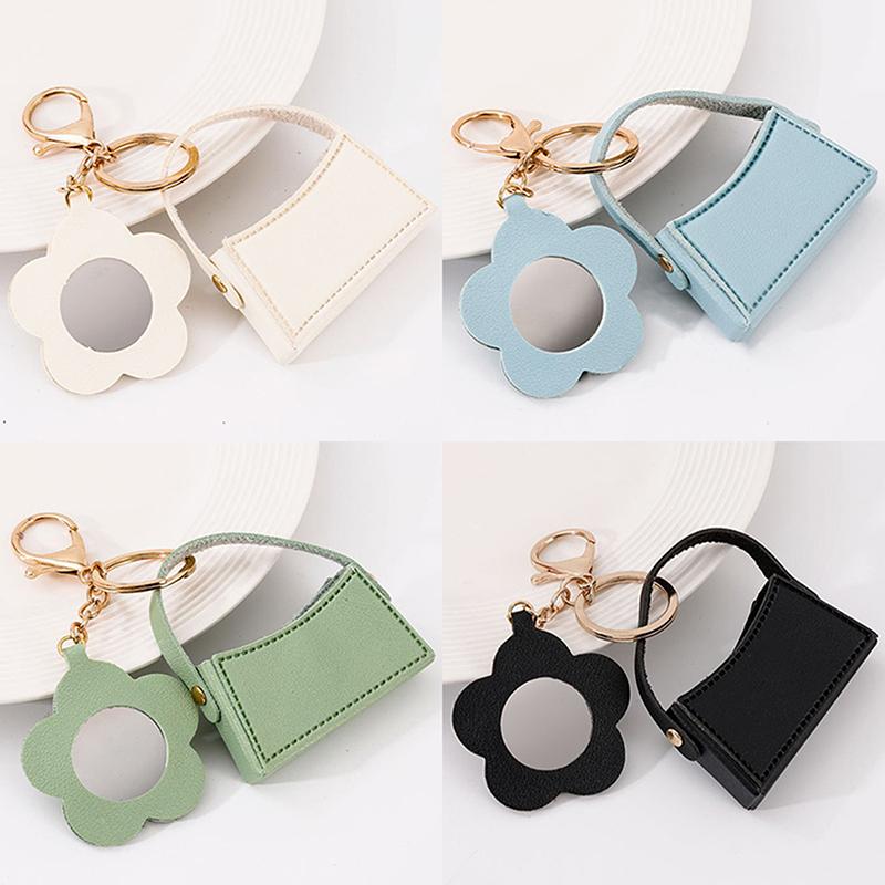 Portable Leather Pendant Mini Flower Mirror Handbag Keychain For Women Girls Personalized Keyring Backpack Decoration Gifts