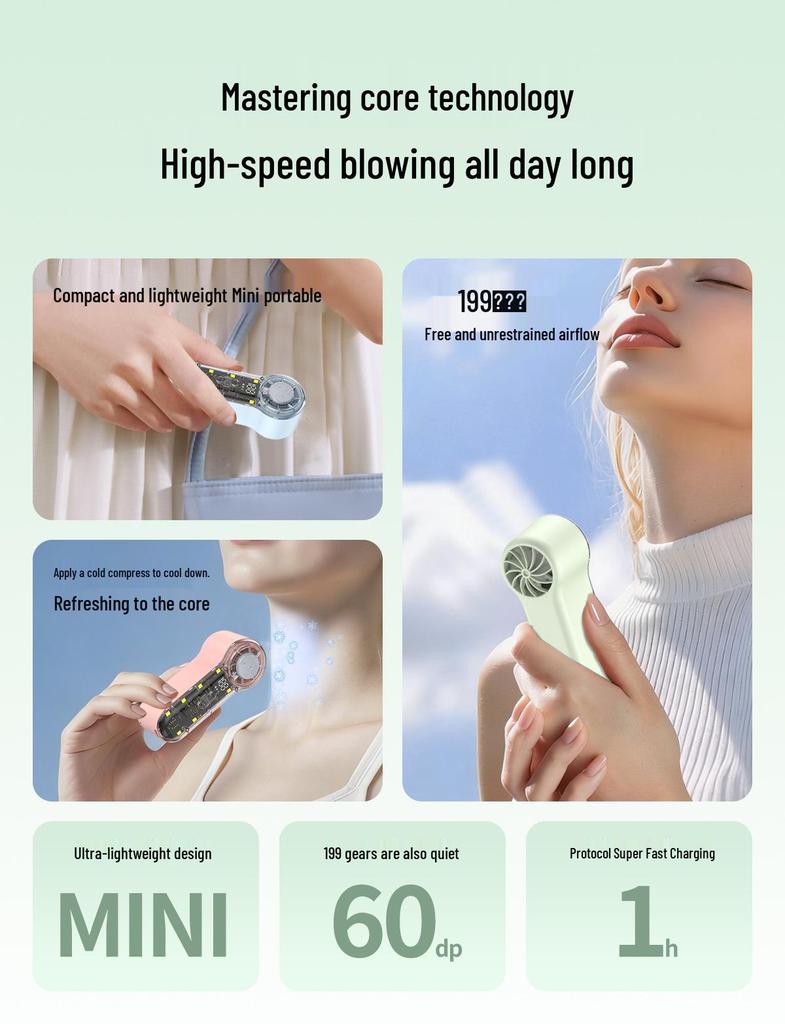 T76 Turbo Handheld Fan: USB Rechargeable, 199 Speeds, Portable Cooling with Ice Pack