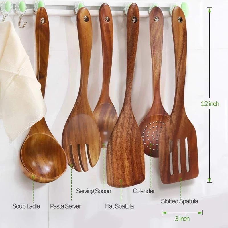 6Pcs/Set Wooden Kitchen Utensils Set, Wooden Spoons For Cooking, Utensils,Natural Teak Wooden Spoons For Non-Stick Pan Gift
