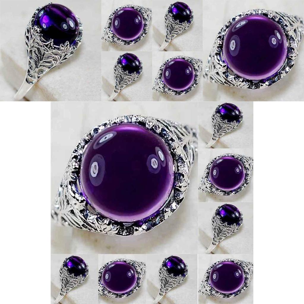 Elegant Purple Party Round Lady Jewelry Silver Plated Vintage Crystal Ring For Women