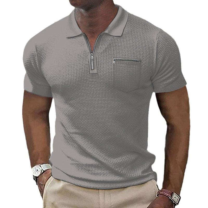 Men's summer T-shirt, waffle-weave polo shirt with zipped pocket, men's sports top