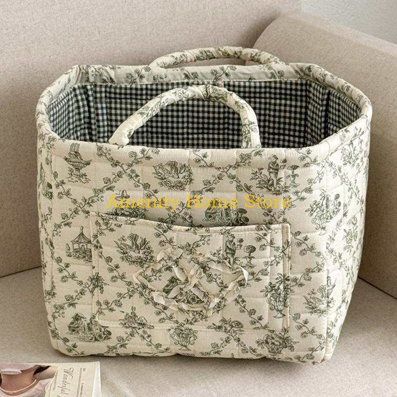 F26C Floral Pattern Quilted Cotton Storage Basket Foldable Lightweight with Handles for Home Laundry Toy Organization