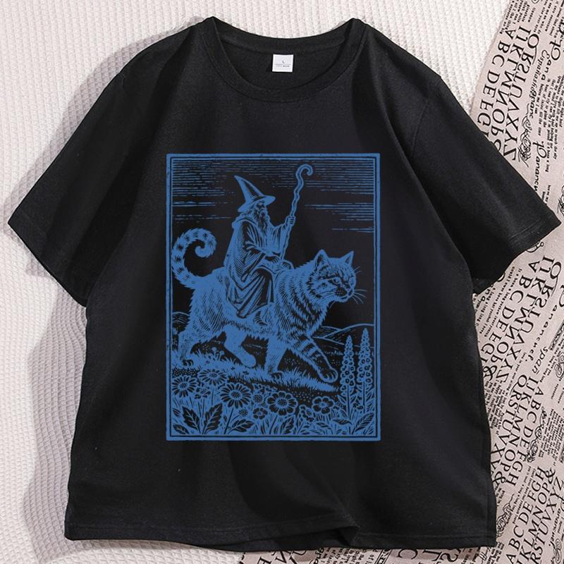 Wizard Cat Rider Vintage TShirt Men Women Fantasy Graphic Tee Funny Cat Short Sleeve Tshirt Causal Round Neck Printed Tees