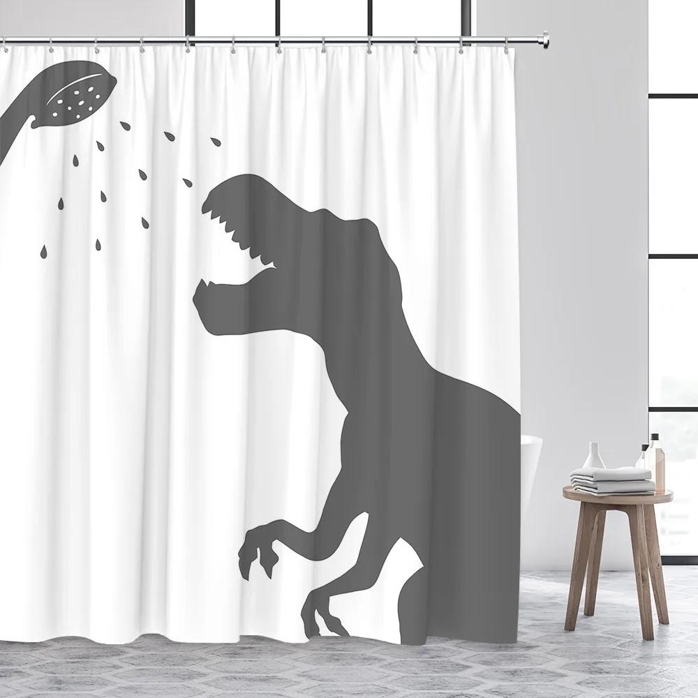 Funny Animal Shower Curtain, Black and White Wildlife Elephant Dinosaur Shower Cartoon Cat Polyester Fabric Bathroom Decor Set