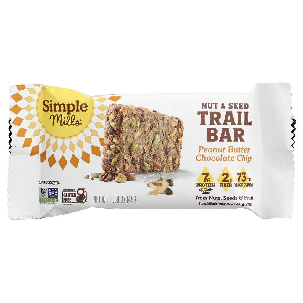 Simple Mills Nut & Seed Trail Bar, Peanut Butter Chocolate Chip, 5 Bars, 45g Each (1.58oz)