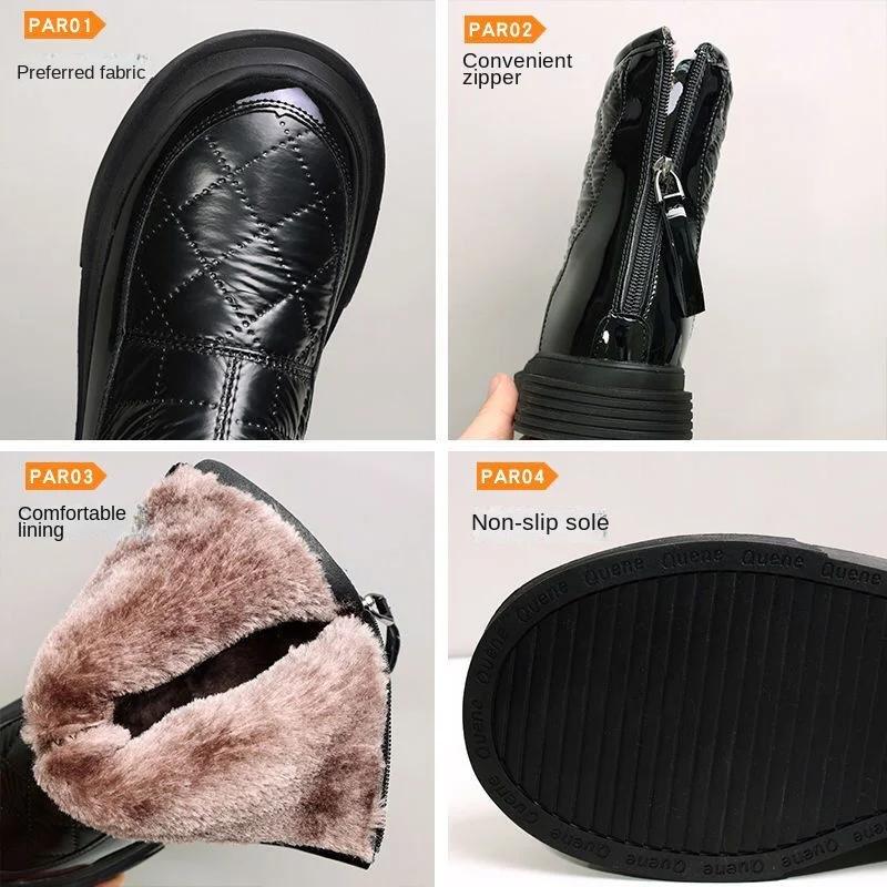 Myke Snøstøvler i Skinn for Kvinner Ny Designer Vinter Vanntett Sklisikker Store Bomullsankelstøvler Dame Varm Bomullssko