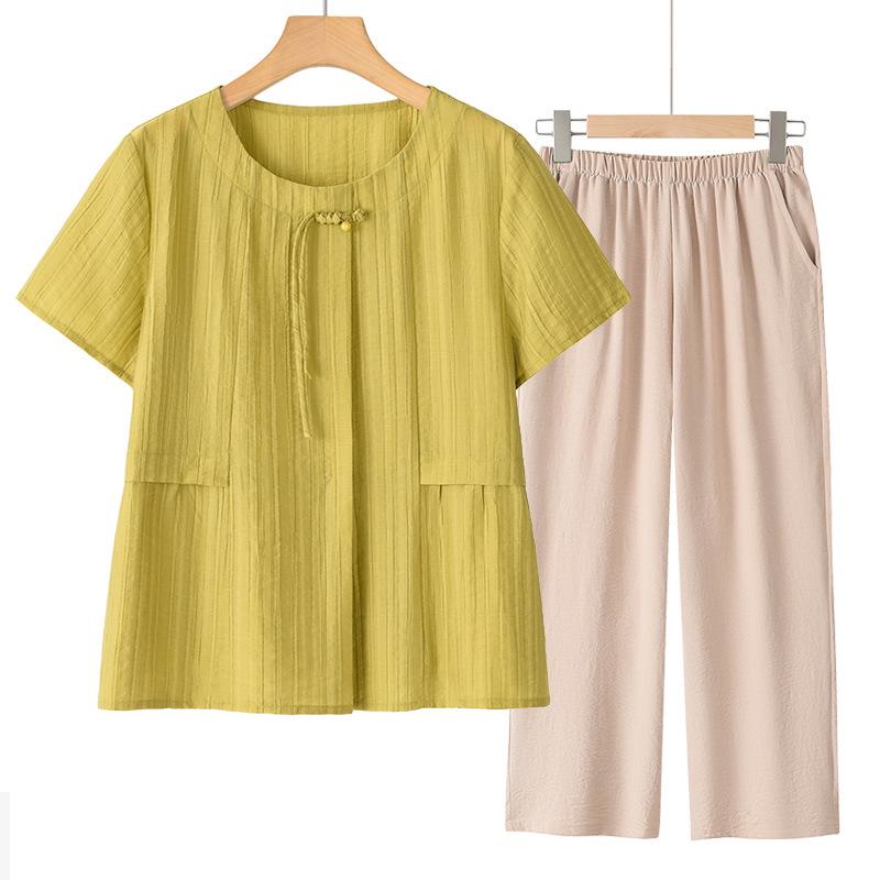 Tencel Kurzarm Oberteil im chinesischen Stil für Frauen mittleren Alters - 2025 Sommer Zweiteiler