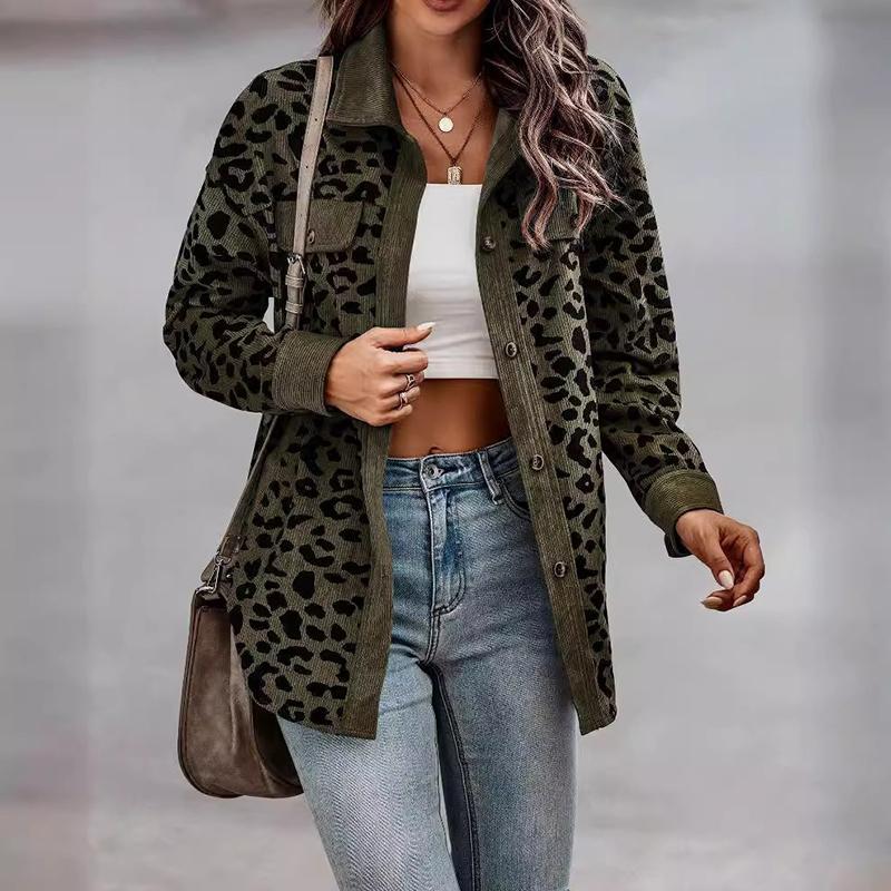 Modischer Jackenmantel mit Leopardenmuster für Damen, mit Kragen, langen Ärmeln, Knopfleiste, lässiger Mantel mit Tasche aus Cord, weich, bequem, lockere Herbst-/Winterjacke