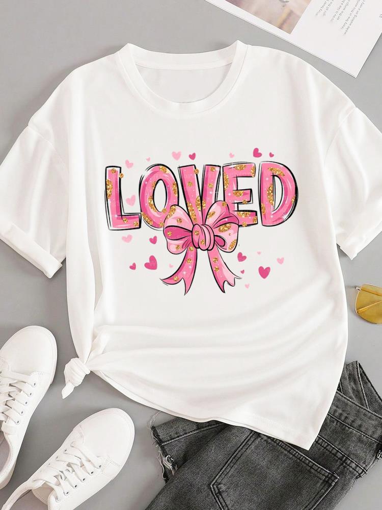 (Asian Size) T-shirts Fashion O-neck Female Casual Women's Top T Clothing Love Heart Style Print Short Sleeve Graphic Tee