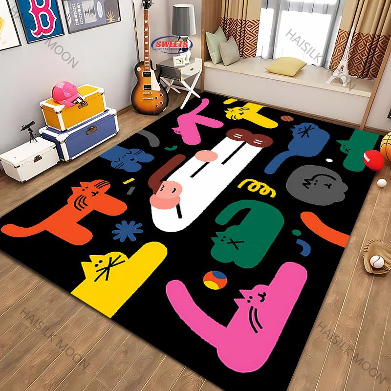 1pc Cat Splicing Pattern Washable Carpet, Abstract Style Indoor Mat, with Anti Slip Backing, LivingRoom, Bedroom, Home Decor Rug