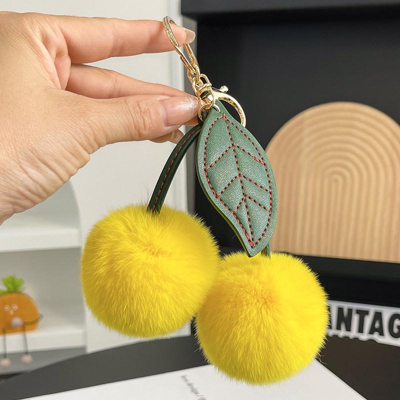 Faux Fur Cherry Leaf Plush Keychain - Fashionable, Cute Car Charm