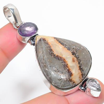 Natural Septerian Stone,Amethyst Gemstone 925 Sterling Silver Pendant 2.76" V5V86
