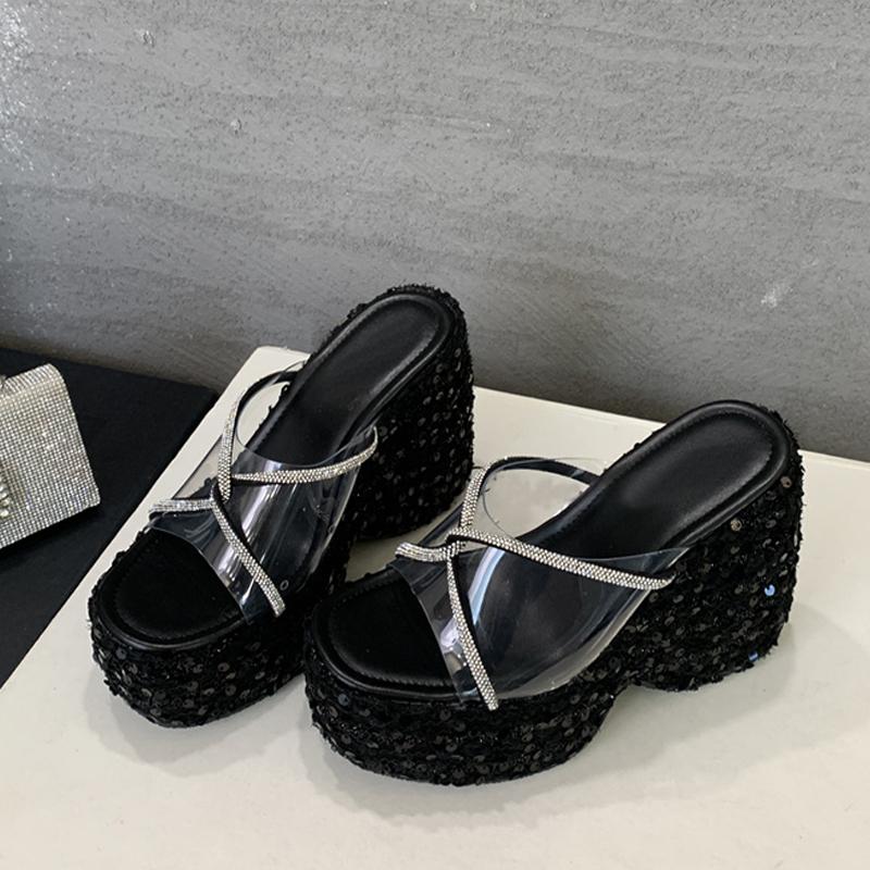 Liyke Summer Wedges Shoes For Women Platform Slippers Fashion Crystal Rhinestone High Heels Square Toe PVC Transparent Sandals