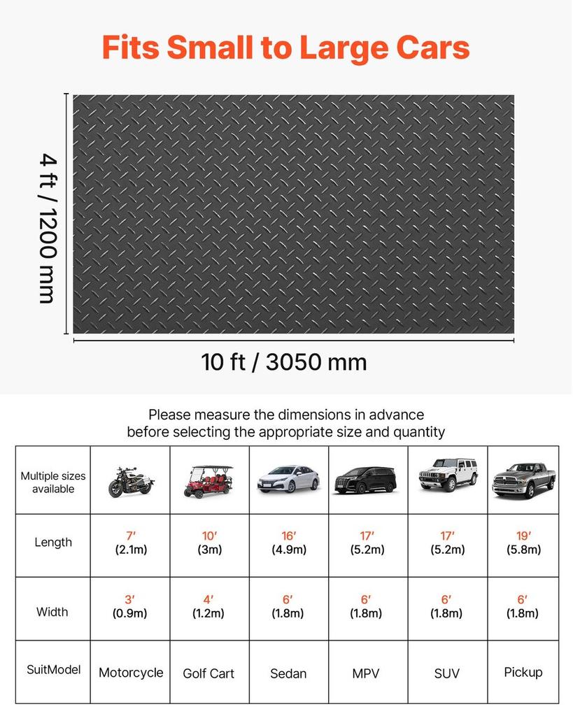 Garage Floor Roll, 1.2 x 3.05 m Garage Flooring Mat, 2.2 mm Thickened PVC Diamond Plate Floor Protector Mat with Double-sided Tape, Non-Slip, Easy to
